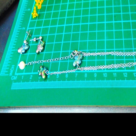 Natural Keshi pearl Double dangle Necklace & Stud earring set, real Unique pearl - Picture 7 of 7